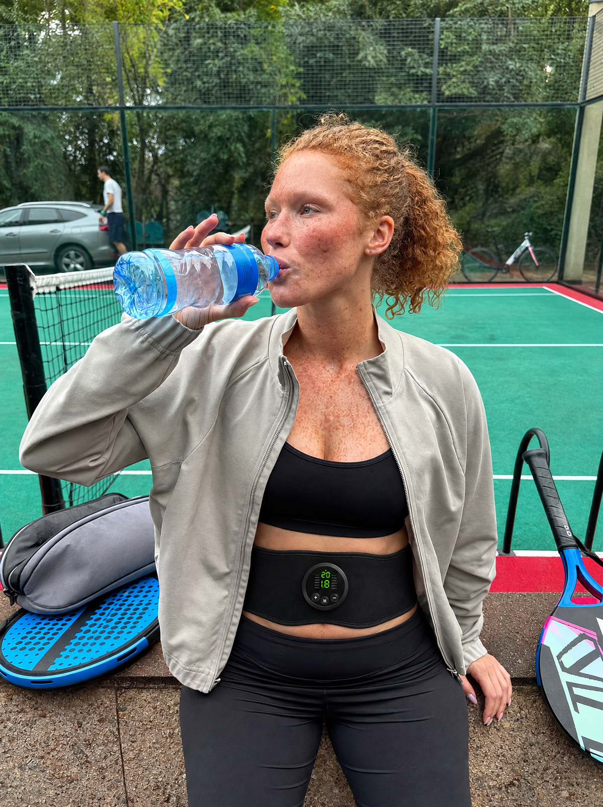Vrouw drinkt water bij de padelbaan met de Corevion Core Trainer om
