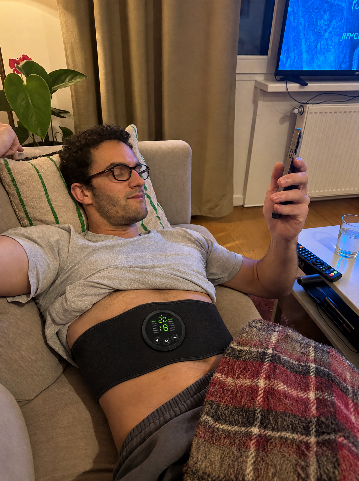 Man ligt op de bank met zijn telefoon en de Corevion Core Trainer om